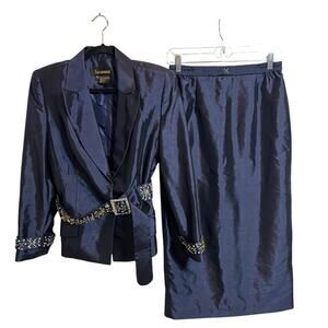 SUSANNA $239 Navy Blazer and Skirt Set Embellished Belted Size 6